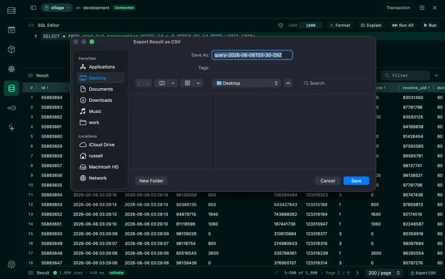 Result grid · edit · export