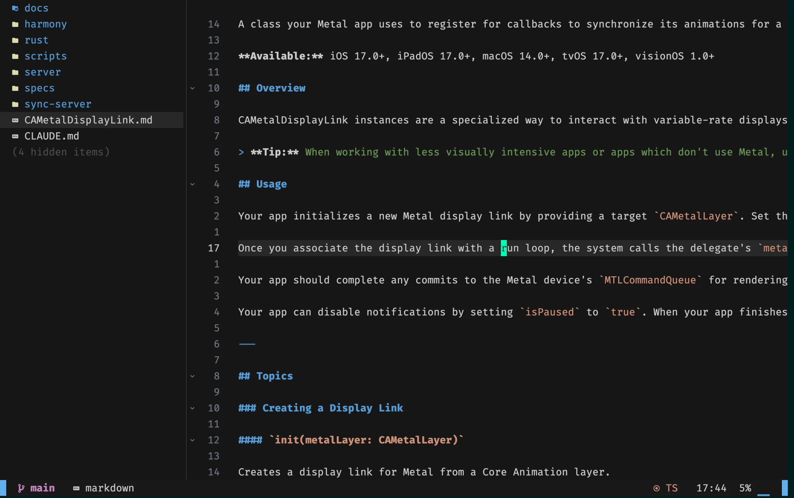 Hux — NeoVim editing markdown, with a CPU / memory / temp / disk / process dashboard at the bottom